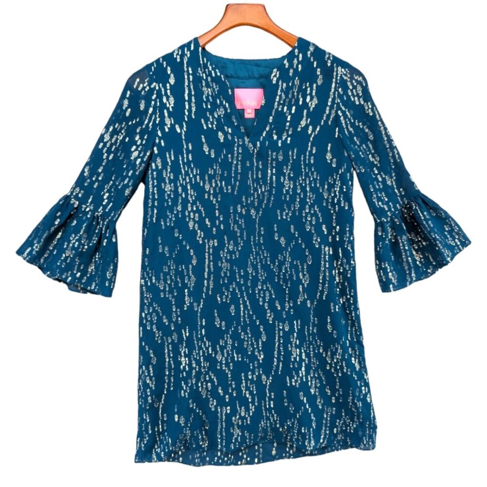 Lilly Pulitzer Elenora Silk Tunic Dress Inky Tidal Fish Clip Metallic Sz XXS